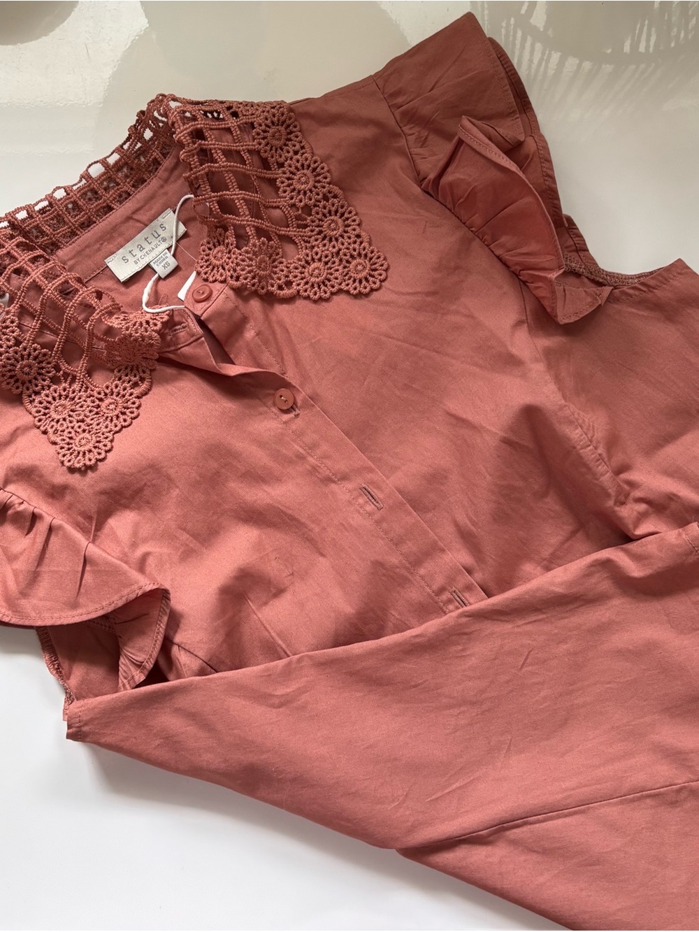 NWT Nordstrom Crochet Collar Ruffle Sleeve Top - Rust / Rosewood